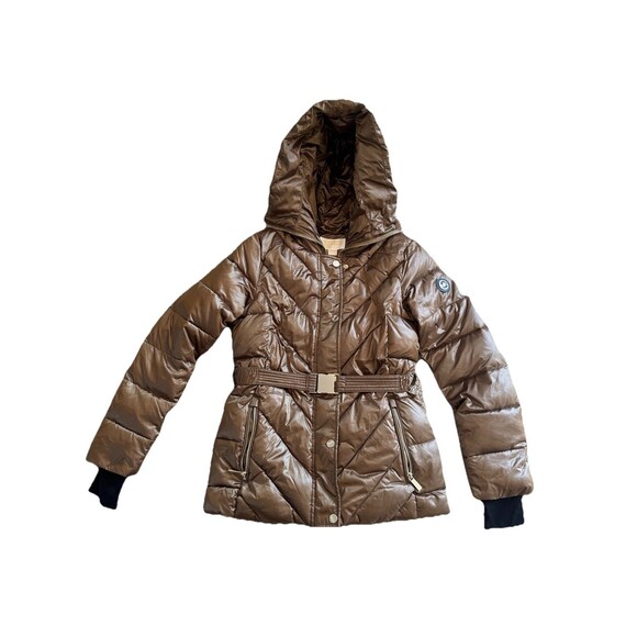 MICHAEL KORS  Women’s Brown Gold Hooded Puffer Belted Jacket Bubble Coat SZ XS - Picture 1 of 11